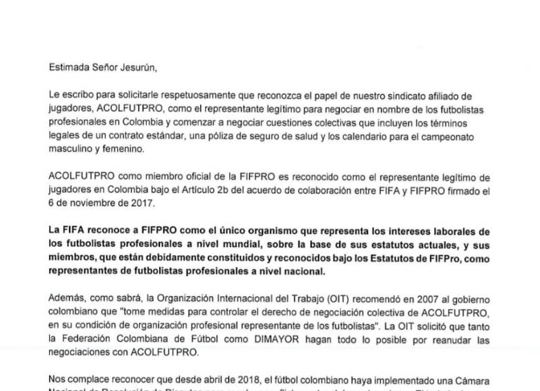 Fifpro solicita a Dimayor y Federación el diálogo con Acolfutpro