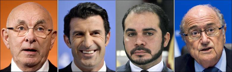 En orden, Michael van Praag, Luis Figo, Ali bin Al Hussein y Joseph Blatter, candidatos a la presidencia del organismo rector del fútbol. FOTO AFP 