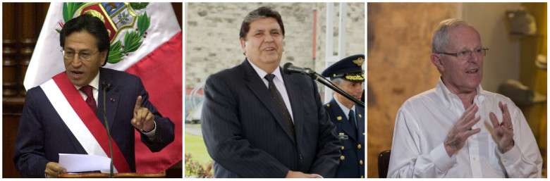 Expresidentes de Perú Alejandro Toledo, Alan García y Pedro Pablo Kuczynski. FOTOS: AP, COLPRENSA Y EL COLOMBIANO