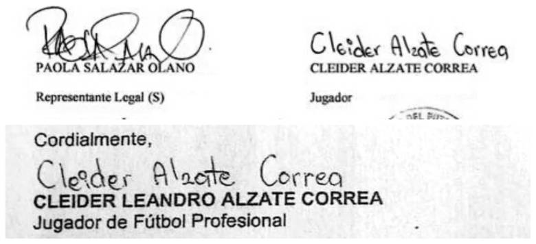 En la imagen superior se puede observar la firma de la denuncia remitida por el jugador a Talento Dorado, Fiscalía, Dimayor y Personería de Itagüí, el 31 de diciembre de 2015. La imagen inferior es del contrato radicado en la Dimayor, por parte de Talento Dorado, el 14 de agosto de 2015. FOTO CORTESÍA.