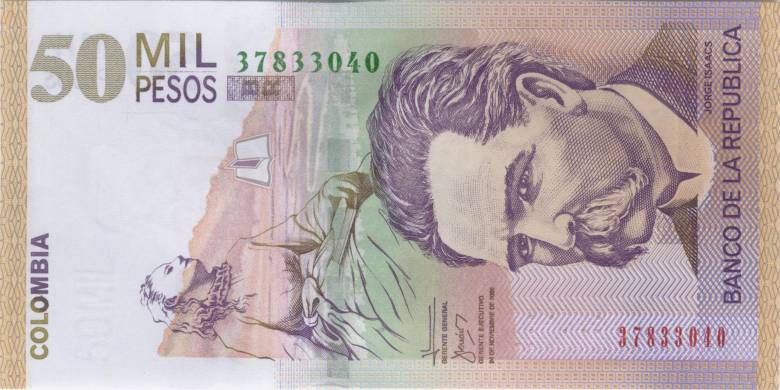 En 2000, con ilustraciones de Óscar Muñoz, el Banco de la República rindió un homenaje al escritor Jorge Isaacs y su novela La María en este billete. Lo reemplazará Gabo. FOTO Archivo