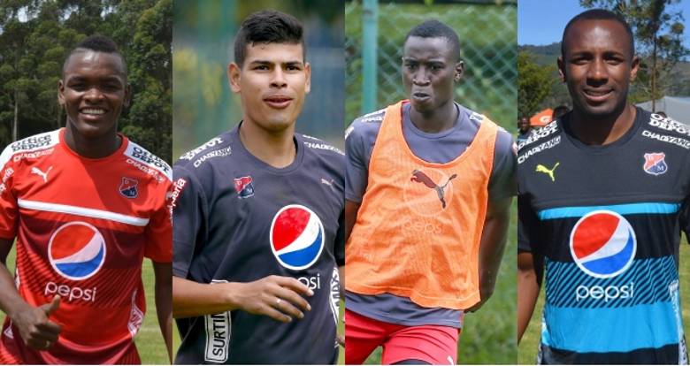 Jorge Arias, Carlos Ibargüen, Yorleys Mena y Juan David Valencia, las únicas caras “nuevas” en el Medellín para el segundo semestre. FOTO Juan Antonio Sánchez y DIM oficial.