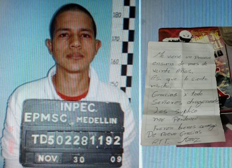 Jose Edilverto Muñoz, recluso que se escapó, y la carta que dejó en la celda. FOTO CORTESÍA