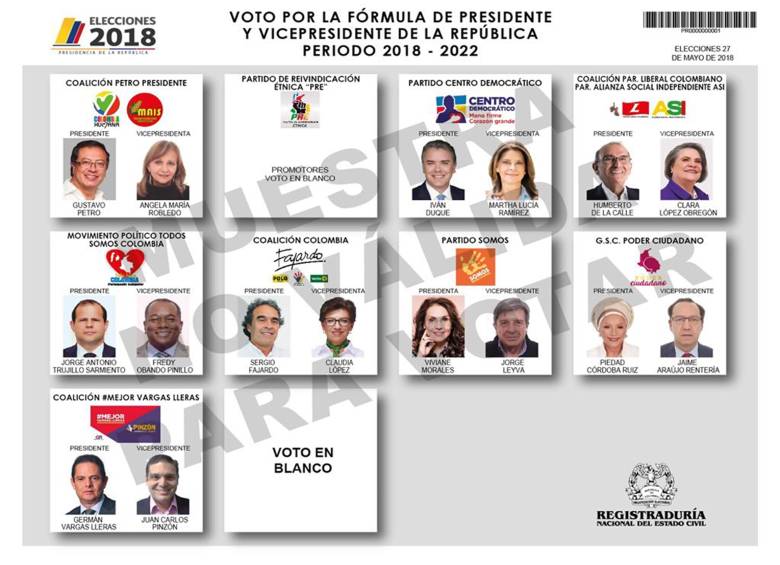 Este es el tarjetón de los candidatos a la presidencia y a la vicepresidencia de Colombia que fue sorteado en la tarde de este jueves en la sede de la Registraduría en Bogotá. FOTO cortesía 