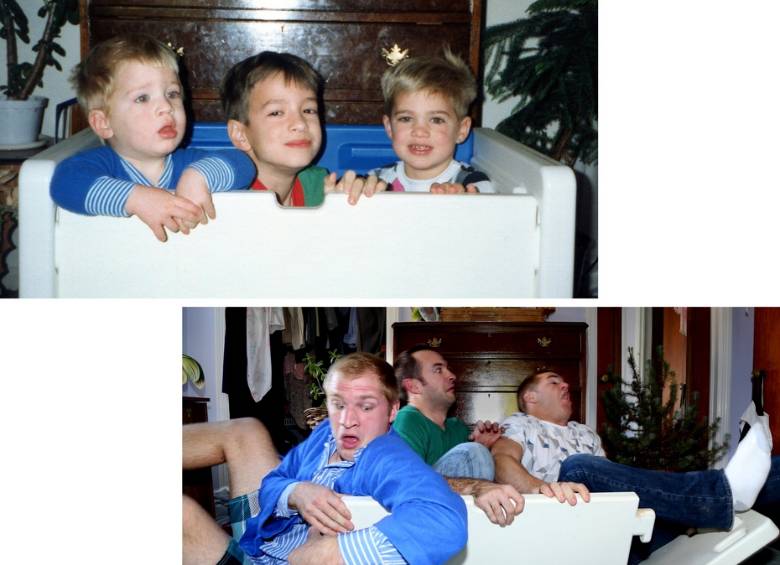 Los hermanos MacMillan de Pennsylvania, Estados Unidos, recrearon fotos de su infancia como adultos. FOTO Matt MacMillan