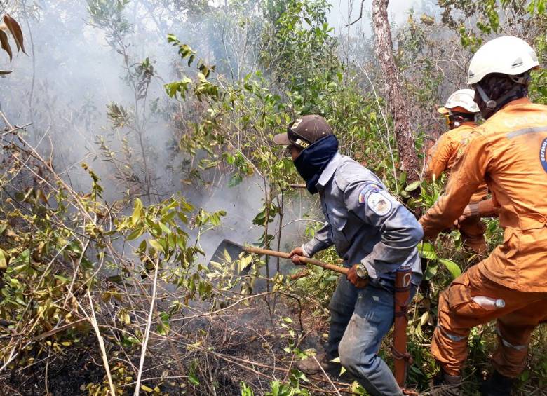 Según reporte oficial, hasta el momento se han podido apagar 14 focos de incendio en la conflagración que se registra en el Parque Natural Sierra de La Macarena, en el Meta. FOTO CORTESÍA PARQUES NACIONALES.