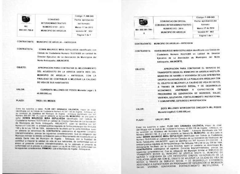 Según Amunorte estos dos contratos son falsos. Su exgerente, Edwin Mauricio Mira Sepúlveda, sostiene que él no los firmó.