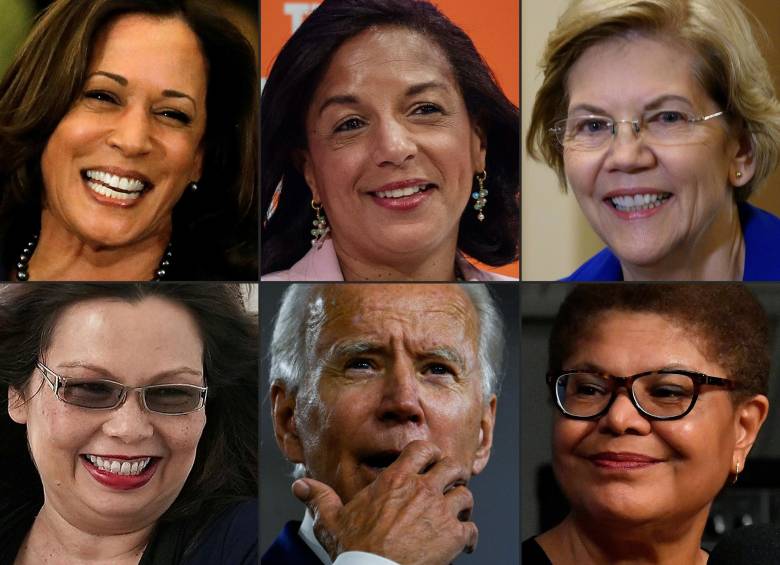 Kamala Harris, Susan Rice, Elizabeth Warren, Tammy Duckworth, Joe Biden y Karen Bass. FOTO AFP