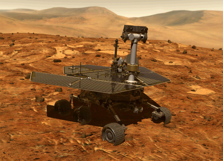 Ilustración del Opportunity trabajando en Marte. Fue el segundo de los dos Mars Exploration Rovers que aterrizó en el Planeta Rojo en 2004 para buscar signos de vidas pasadas. Créditos: NASA / JPL-Caltech 
