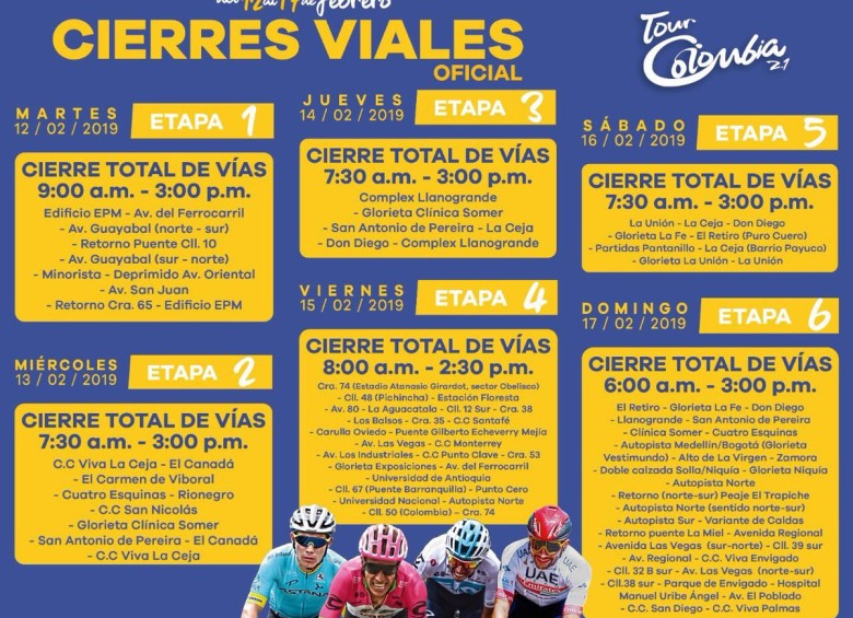 Conozca los horarios y los cierres viales por quinta etapa del Tour Colombia