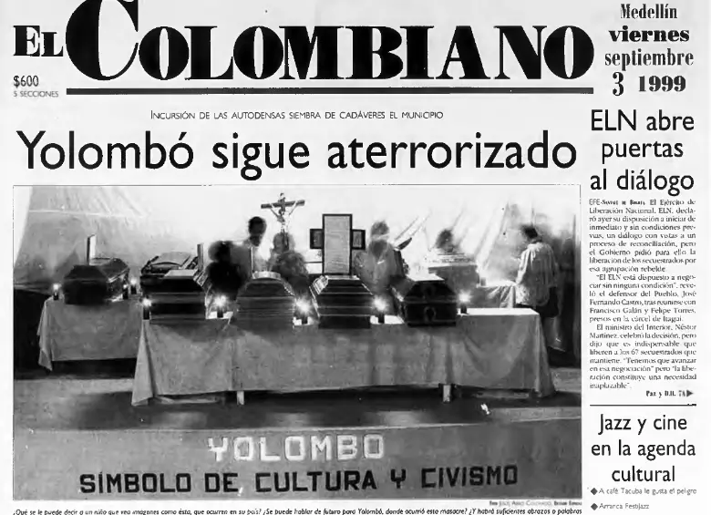 Esta fue la portada de El Colombiano en aquel entonces, informando sobre lo ocurrido en Yolombó. FOTO: Archivo El Colombiano.