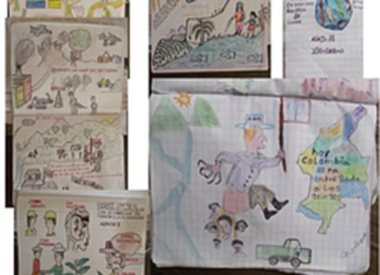 Luego de charlas dictadas por los guerrilleros, los niños hacen dibujos de rechazo a E.U. y sus políticas. FOTO cortesía ejército 