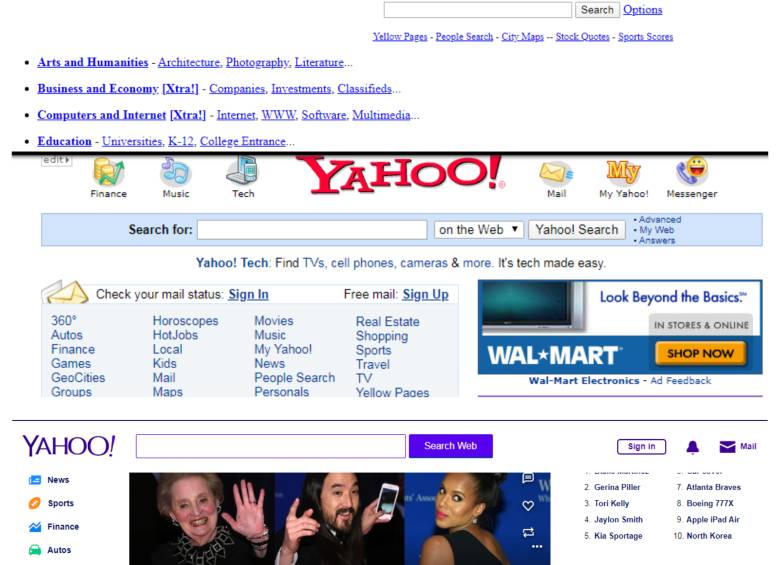 La primera imagen es como se veía el sitio web de Yahoo en 1996, la segunda en el 2006 y la tercera en el 2016. Foto: Internet archive: Wayback machine 