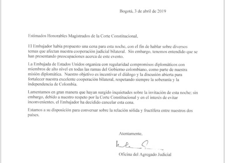Esta es la carta con la que cancelaron la cena con los magistrados. FOTO: Cortesía