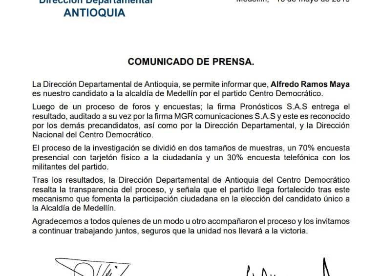 Alfredo Ramos es el candidato del Centro Democrático para la Alcaldía de Medellín