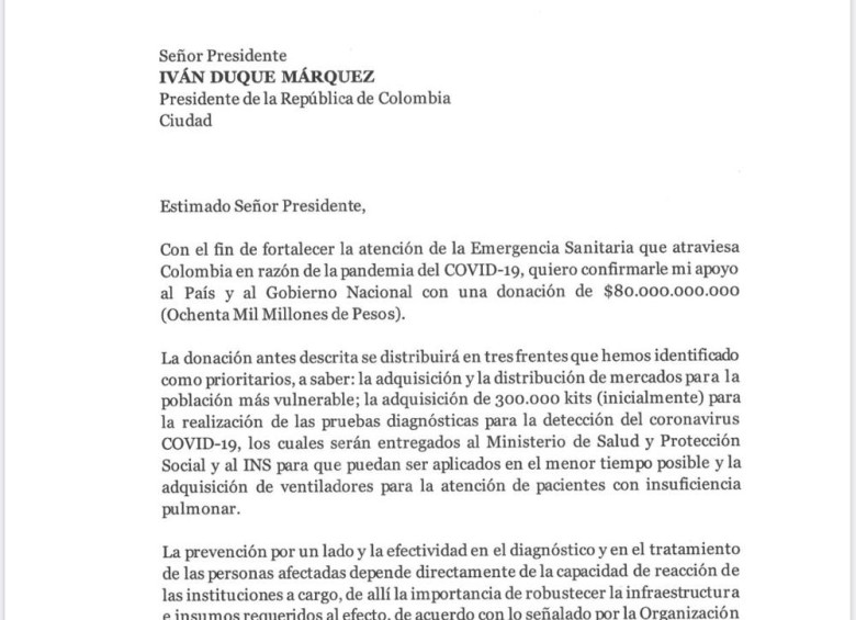 Copia de la carta enviada por Sarmiento Angulo a Iván Duque.