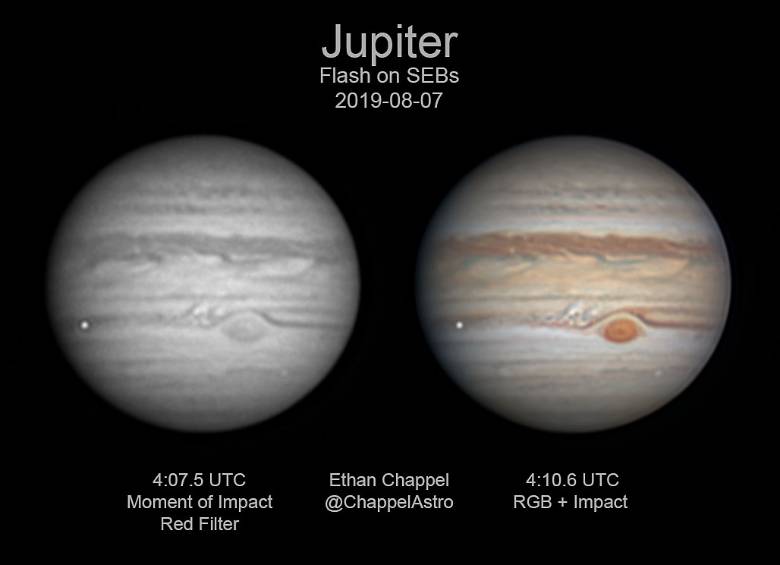Imágenes procesadas en blanco y negro y en color de Júpiter, tomadas en el momento del posible impacto en el SEB. Foto: @ChappelAstro