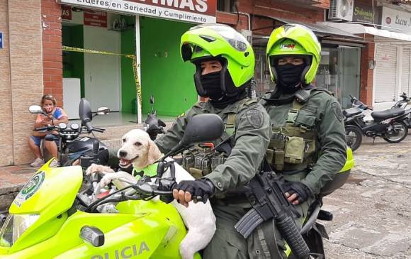 La Policía de Puerto Berrío ya realiza patrullajes por el pueblo acompañada de Kira, la nueva mascota. FOTO CORTESÍA