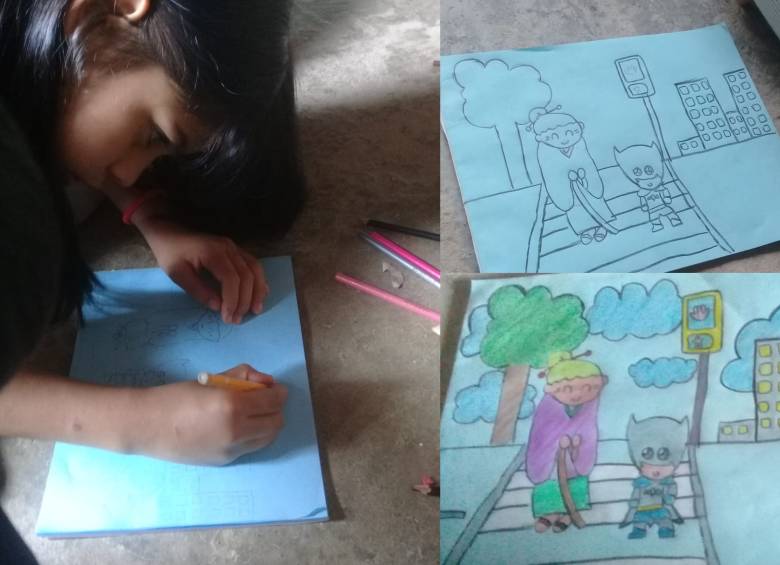 Alisson vende sus dibujos para obtener el dinero que cuesta un computador, con el cual podrá recibir clases virtuales. FOTO CORTESÍA