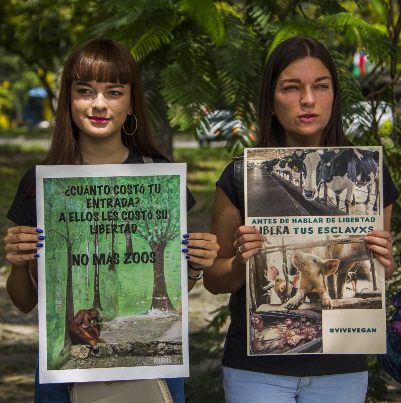 Dos de las participantes que protestaban contra el funcionamiento de zoológicos y circos con animales. FOTO CARLOS VELÁSQUEZ