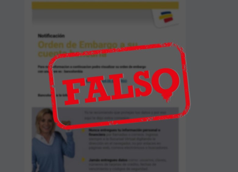 Mensaje falso de embargo de Bancolombia al correo. Foto: Cortesía. 