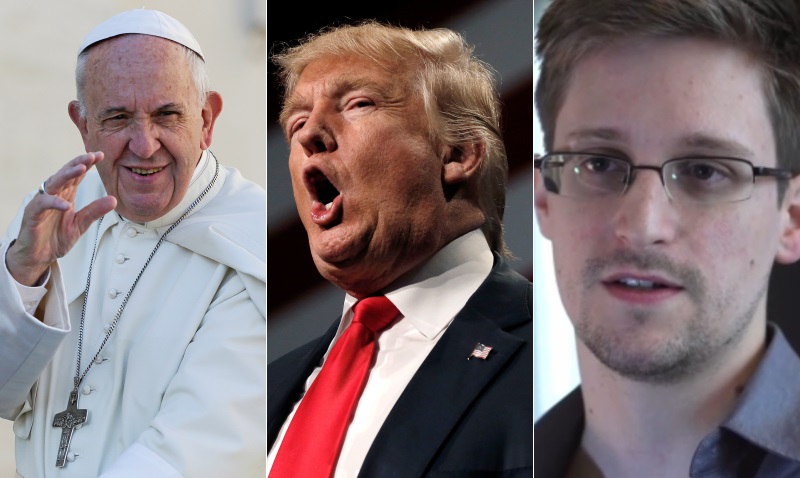 El Papa Francisco, el candidato republicano Donald Trump y el exespía estadounidense Edward Snowden.