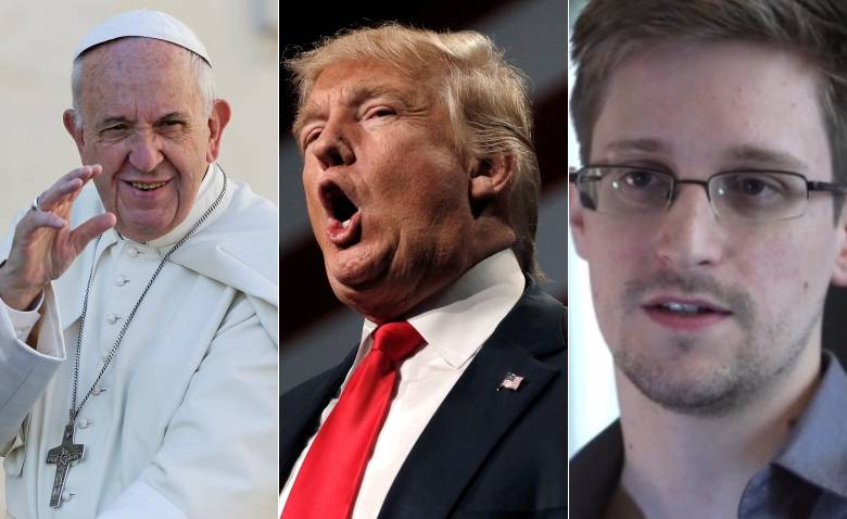 El Papa Francisco, el candidato republicano Donald Trump y el exespía estadounidense Edward Snowden.