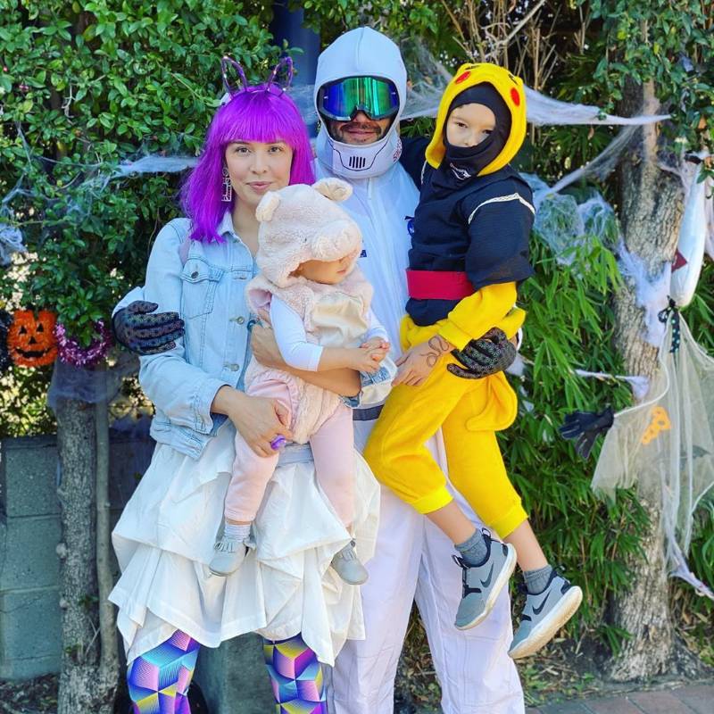 Mónica Fonseca como Muñe-mamás, Joaquín Raba como Ninja Chu, Josephine como JoJoPig y Joaquín como NinjaChu. FOTO Instagram