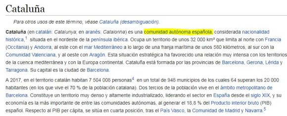 Cataluña, según Wikipedia en español.