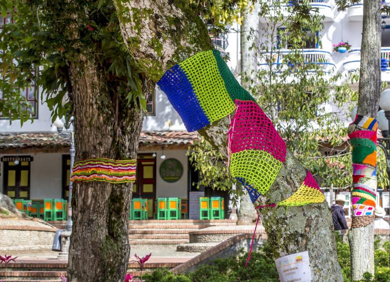 Con tejidos abrazando los árboles, un colectivo de mujeres de Jericó dice no la explotación minera. FOTO JUAN ANTONIO SÁNCHEZ