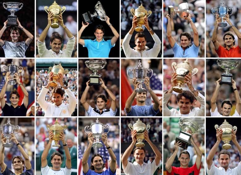 Los 18 de Roger. De arriba a abajo, de izq. a der.: Australia-2017, Wimbledon-12, Australia-10, Wimbledon-09, Roland Garros-09, US Open-08, US Open-07, Wimbledon-07, Australia-07, US Open-06, Wimbledon-06, Australia-06, US Open-05, Wimbledon-05, US Open-04, Wimbledon-04, Australia-04, Wimbledon-2003. FOTOs afp