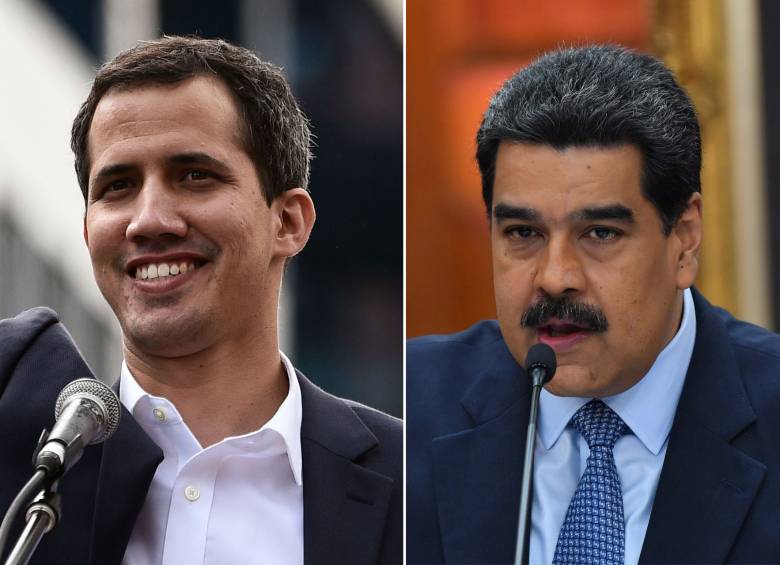 El presidente internio Juan Guaidó y el presidente apoyado por las fuerzas armadas, Nicolás Maduro. FOTO: AFP