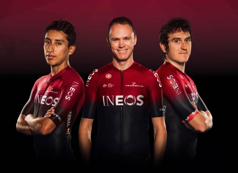 Egan Bernal, Chris Froome y Geraint Thomas, los tres ganadores del Tour de Francia que corren para el Ineos. FOTO CORTESÍA INEOS
