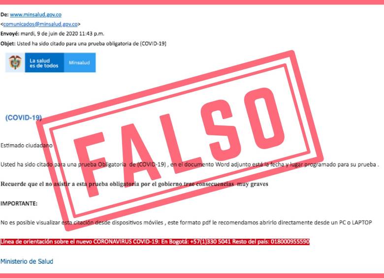 El correo pide descargar un documento adjunto que contiene malware. Foto: Twitter @MinSaludCol