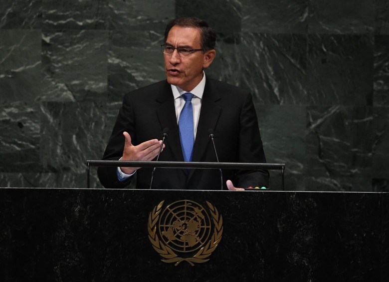 Martín Vizcarra, presidente de Perú, durante su intervención en la Asamblea General de las Naciones Unidas. FOTO: AFP