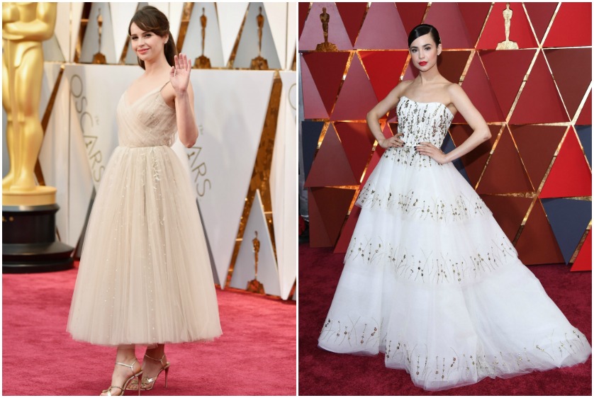 Felicity Jones de Dior a la izquierda, Sofía Carson a la derecha. FOTOS AFP