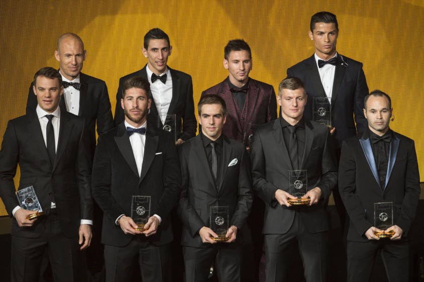 Equipo FIFPro World XI: Manuel Neuer, Sergio Ramos, Philipp Lahm, Toni Kroos, Andrés Iniesta, Arjen Robben, Angel Di Maria, Lionel Messi, Cristiano Ronaldo.