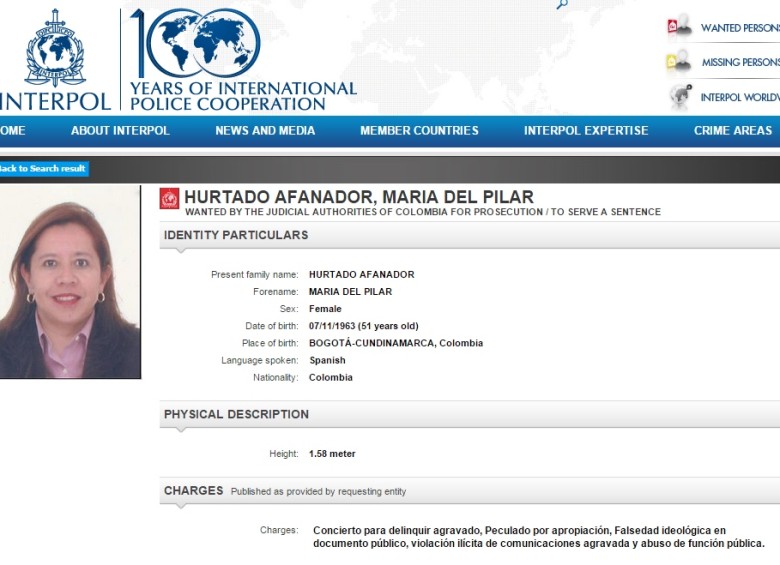 Fuerzas combinadas de la Policía panameña y del Servicio Nacional de Migración de Panamá buscan este viernes a la exdirectora del DAS, María del Pilar Hurtado. FOTO interpol.int