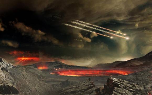 Concepto artístico de meteoros que impactan en la antigua Tierra. Algunos científicos piensan que tales impactos pueden haber entregado agua y otras moléculas útiles para la vida emergente en la Tierra. FOTO Laboratorio de Imagen Conceptual del Centro de Vuelo Espacial Goddard de la NASA