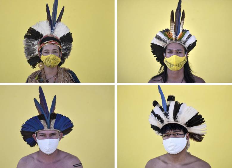 Imagen de referencia. Esta composición muestra (en el sentido de las agujas del reloj desde arriba a la izquierda) Angoho, líder del grupo étnico Pataxo Hahahae, su esposo Hayo, jefe de Pataxo Hahahae, y los miembros de la tribu Hatxotxay y Juari. FOTO: AFP