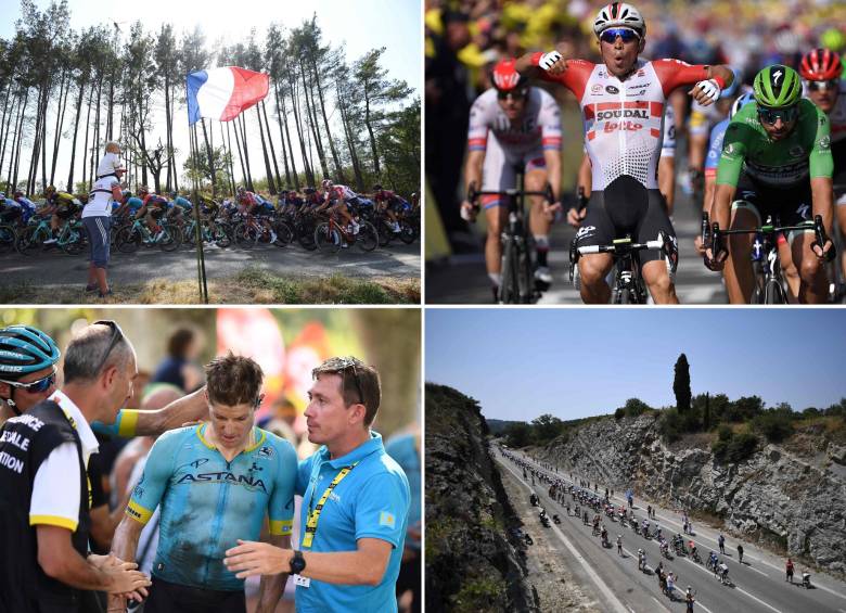 La película de la etapa de ayer: la dureza, el intenso calor y el dolor de Jakob Fuglsang que contrastó con la alegría de Caleb Ewan. Este último hace su debut en el Tour de Francia. FOTO AFP