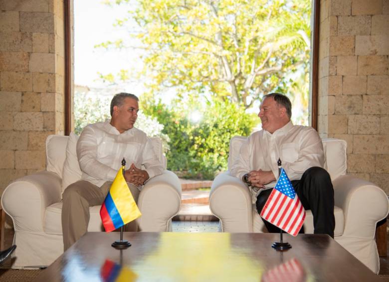 El presidente Iván Duque y el secretario de Estado de Estados Unidos, Mike Pompeo, se reunen en Cartagena. FOTO: Cortesía Presidencia.