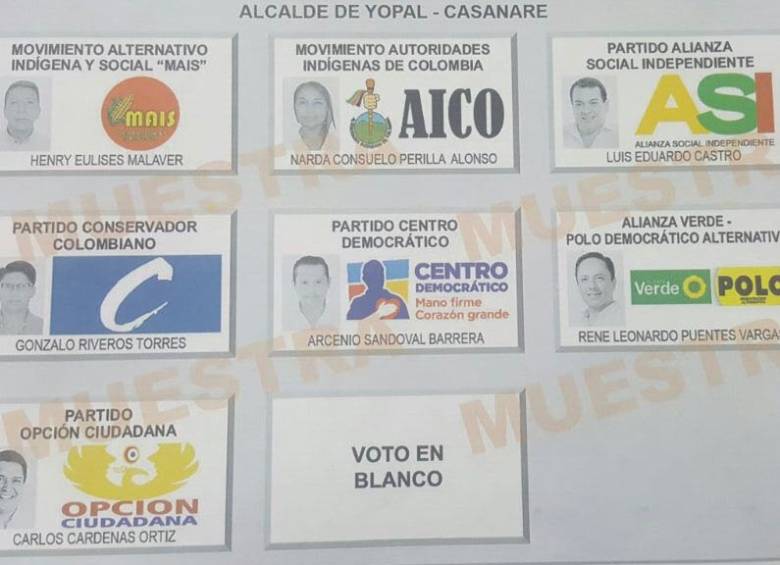 Facsímil de la tarjeta electoral que recibirán este domingo los yopalenses para elegir nuevo alcalde. FOTO CORTESÍA