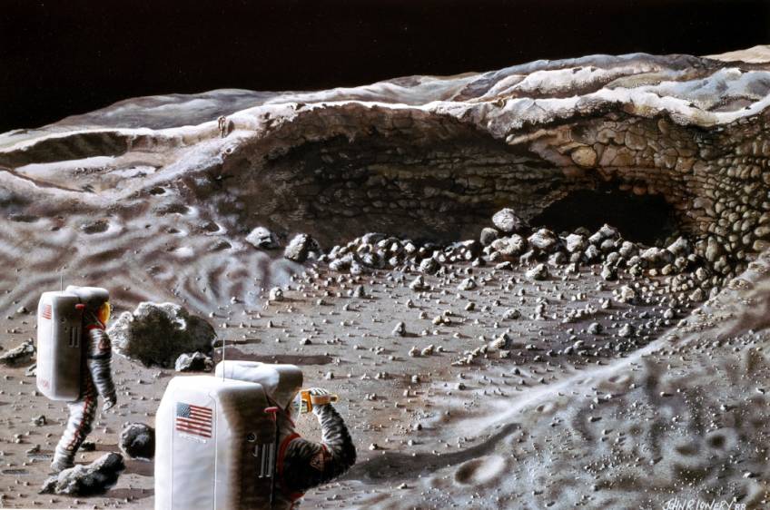Esta pintura se usó como elemento visual en una conferencia celebrada en Houston en abril de 1988 titulada “Bases lunares y estrategias espaciales del siglo XXI” Ilustración Nasa