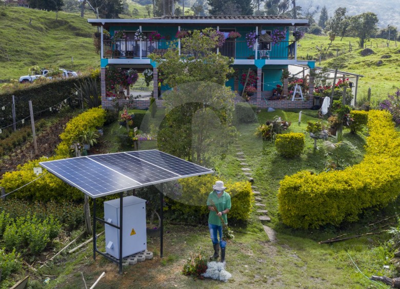 Don Édgar organiza unas flores junto a los paneles solares que instalaron en Rancho Viejo para surtir de energía a 90 bombillos led. Al fondo el lugar donde vive junto a su familia en la vereda San José de la montaña de San Cristóbal. FOTOS MANUEL SALDARRIAGA