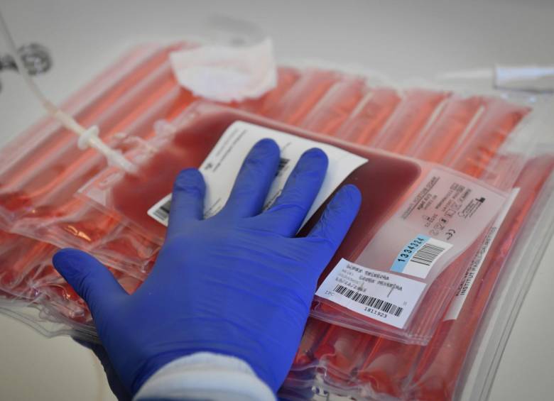 Bolsa de sangre antes de modificar genéticamente las células inmunes de un paciente en un laboratorio de cáncer del Instituto Paoli-Calmettes, Francia. Foto: AFP