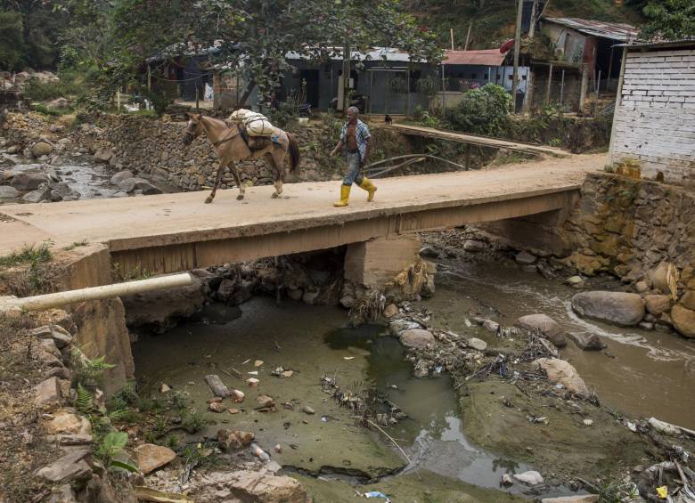 Las aguas de la quebrada tienen tonos grises y verdosos. Además de los residuos de minería, a sus aguas caen basuras y aguas negras de las casas vecinas. Aún así, hay mineros que pasan todo el día metidos en el cauce. FOTO Esteban vanegas