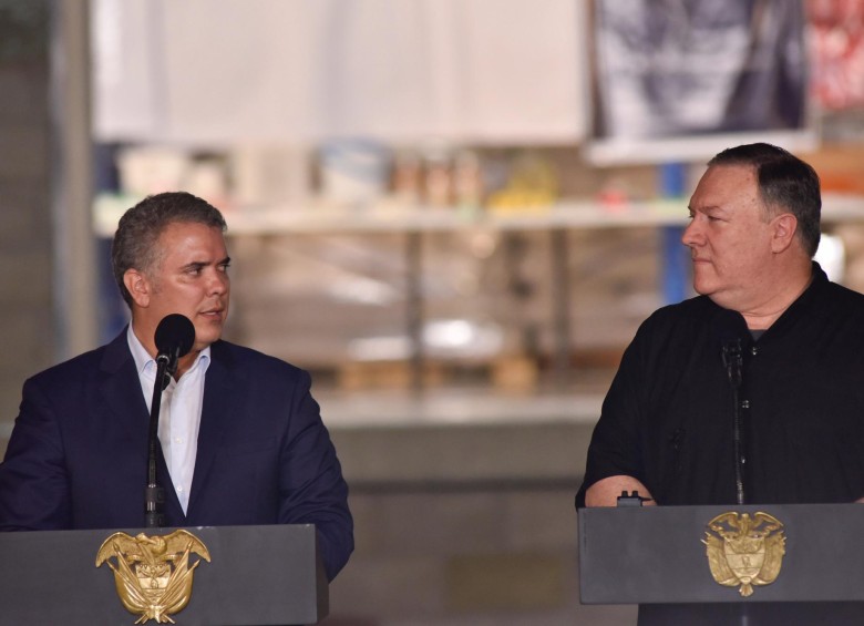 El presidente de la República, Iván Duque, y el secretario de Estado de EE. UU., Mike Pompeo, durante el encuentro que se llevó a cabo en Cúcuta. FOTO Colprensa