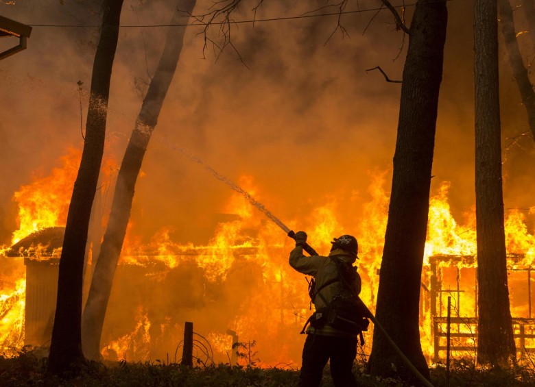 Un bombero intenta contener las llamas de Camp Fire en la ciudad de Butte County, California. Además de los vientos, las líneas eléctricas han contribuido a la propagación del fuego. FOTO efe