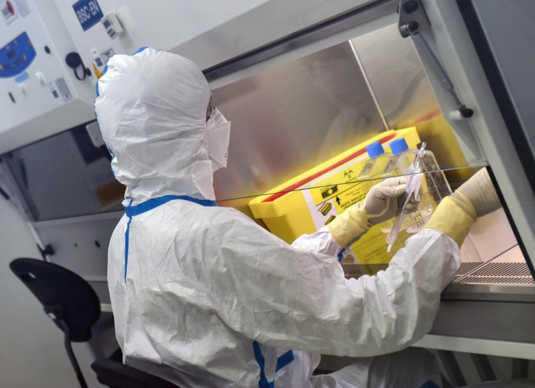 Un biólogo francés trabaja en un frasco de 40 ml, infectado con un virus Sars-CoV-2, bajo un flujo laminar en el laboratorio de Bioseguridad de nivel 3 (BSL3) de la sede del Grupo Valneva SE al oeste de Francia. FOTO AFP